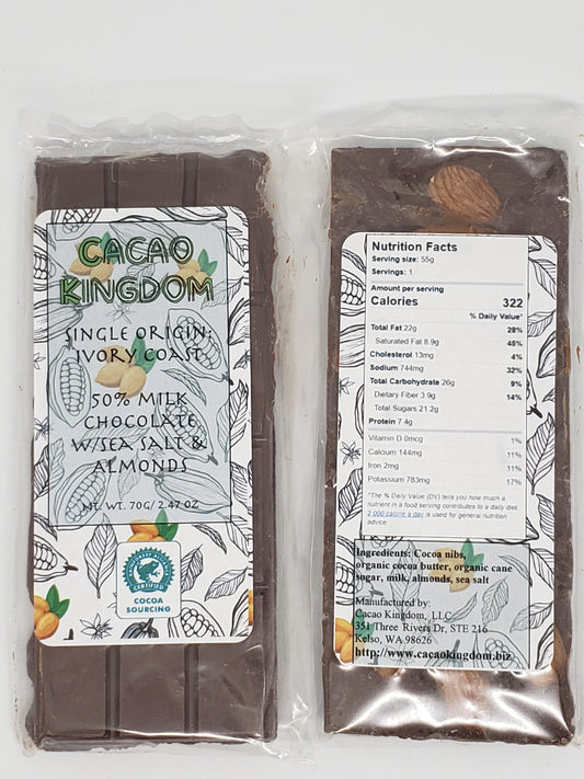 50% Ivory Coast Milk Chocolate with Sea Salt & Almonds