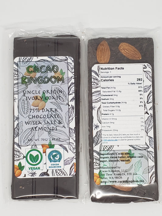 75% Ivory Coast Dark Chocolate with Sea Salt & Almonds