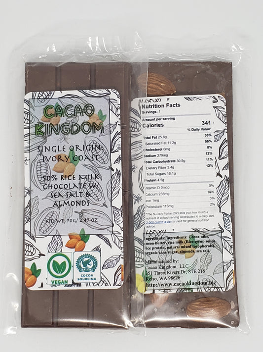 50% Vegan Ivory Coast Rice Milk Chocolate with Sea Salt and Almonds